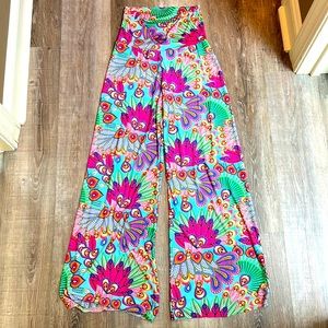 Palazzo Pants in Teal Blue with Multicolor print. Size Small.
